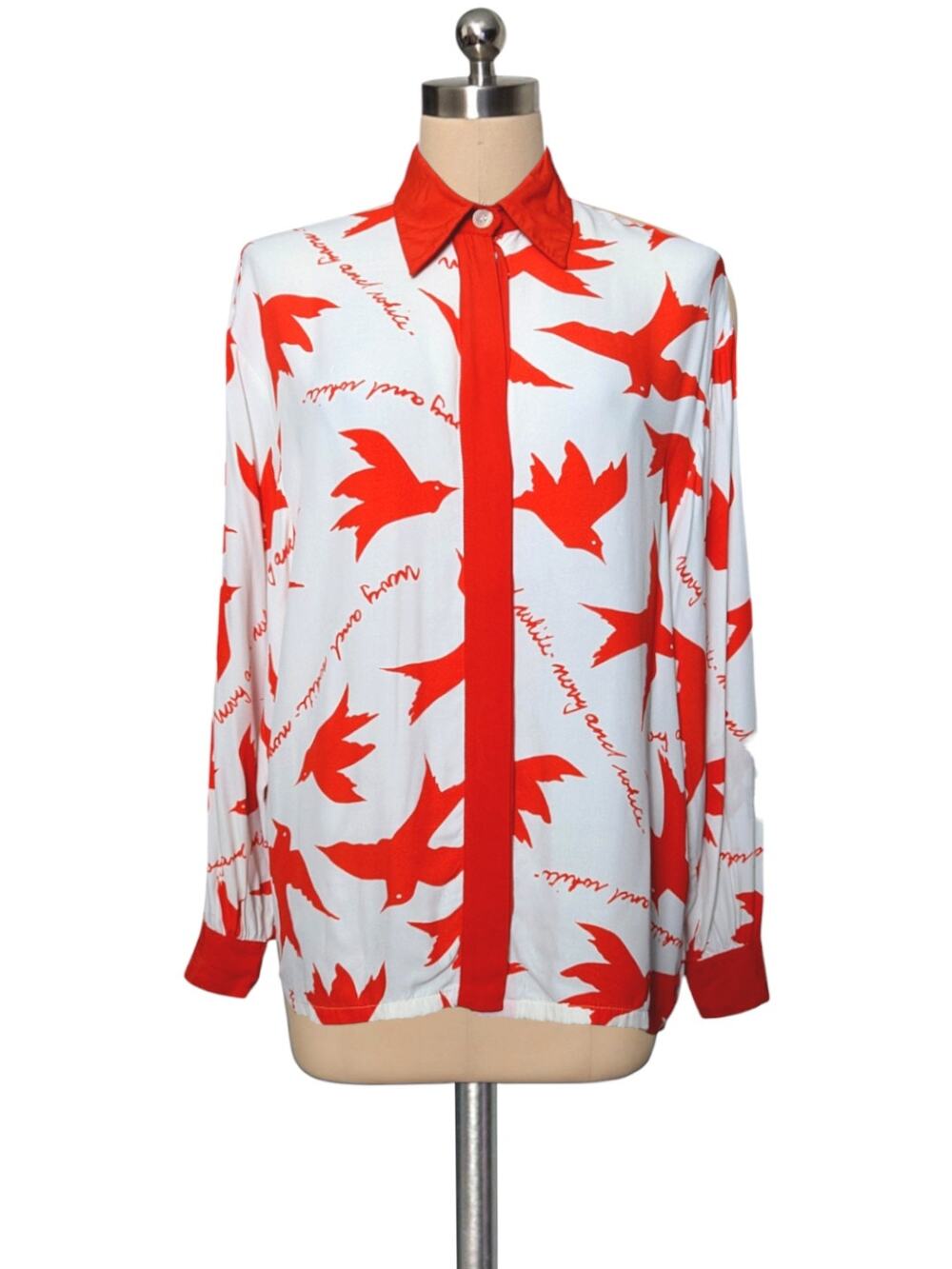 80's 90's MONDI Vintage Bird Print Button Up Blouse Red White Shirt Top 34 XS S